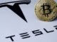 Bild eines Bitcoins auf einer Papieroberfläche mit dem Tesla-Logo